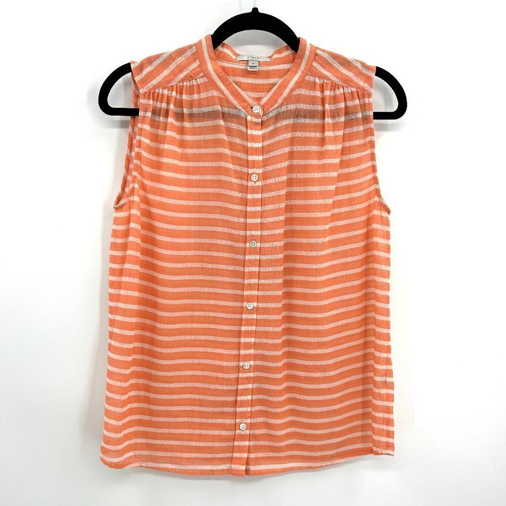 J. CREW Orange White Striped 100% Cotton Button Up Sleeveless Blouse Top Size 4